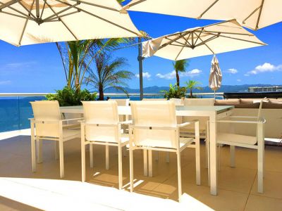 Outdoor Dining table Ocean Front Corner Penthouse in Peninsula Nuevo Vallarta Mexico